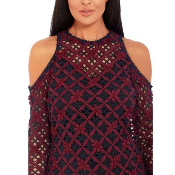 Self-Portrait Floral Grid Cold Shoulder Mini Dress Burgundy Navy Guipure Lace 6‎ - Picture 4 of 16